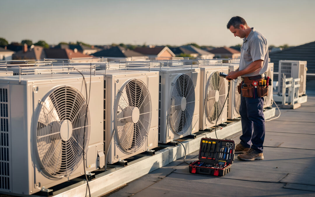 Technician inspects large air conditioning units on a commercial rooftop during the day, ensuring proper function and energy efficiency