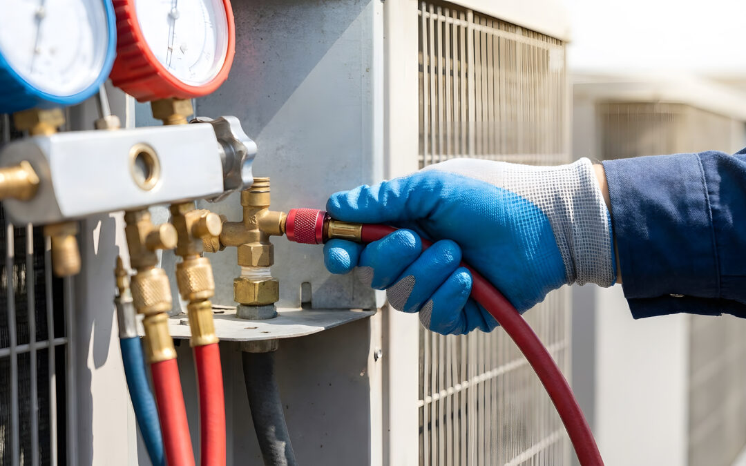 Commercial HVAC technician servicing an R-410A system
